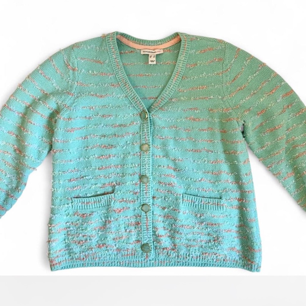 Pastel Mint Pink Textured Cardigan Coastal Grandma Spring Knit Sweater M